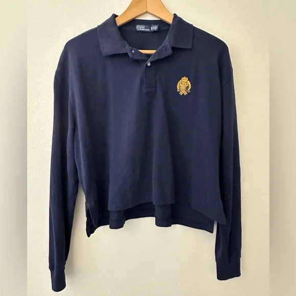POLO RALPH LAUREN - Navy Long Sleeve Cropped Polo Shirt - Picture 1 of 6